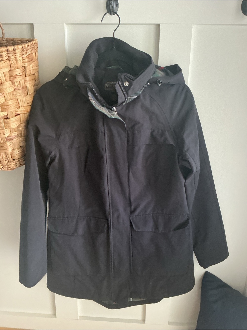 Pendleton Black Hooded Raincoat with Plaid Trim